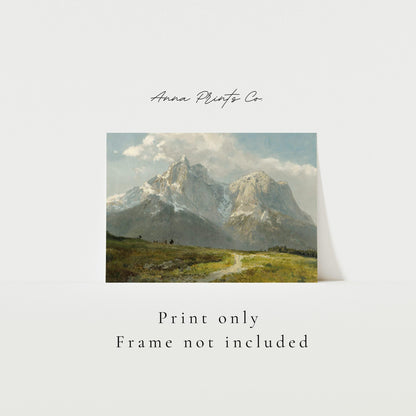 Vintage art print of Mountain Landscape Rustic Artwork with text overlay stating frame not included