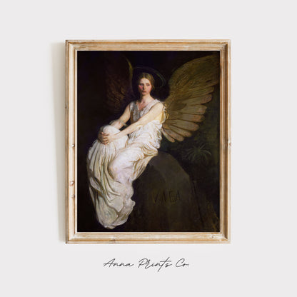 Vintage art print of Moody Angel Portrait Painting displayed in wooden frame