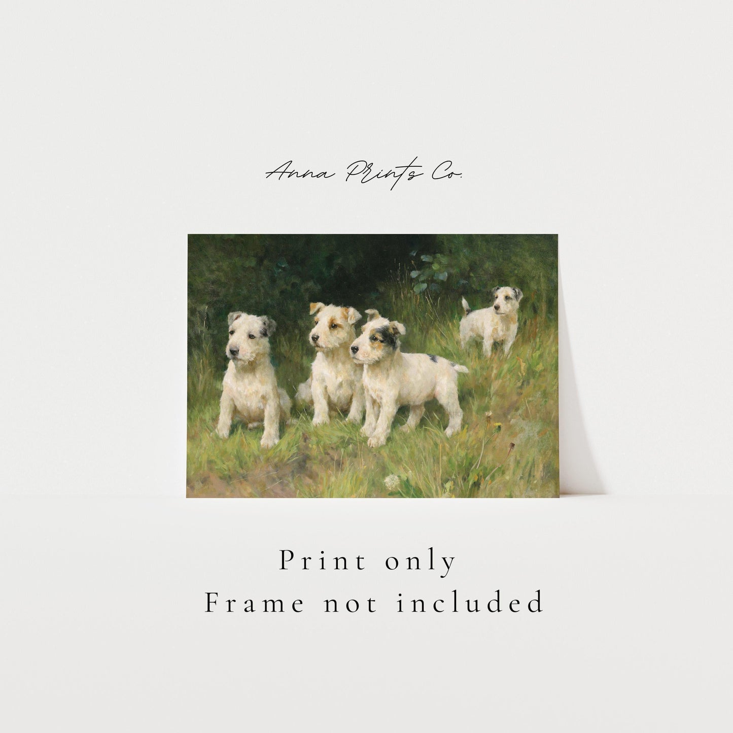 Vintage art print of Terrier Dog Cottage Painting with text overlay stating frame not included