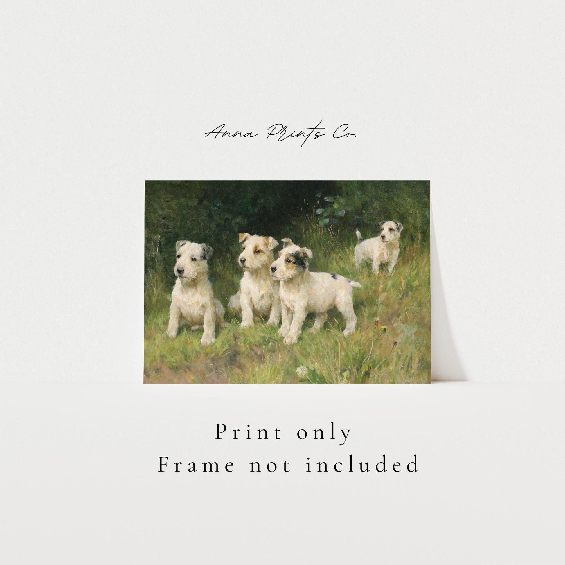 Vintage art print of Terrier Dog Cottage Painting with text overlay stating frame not included