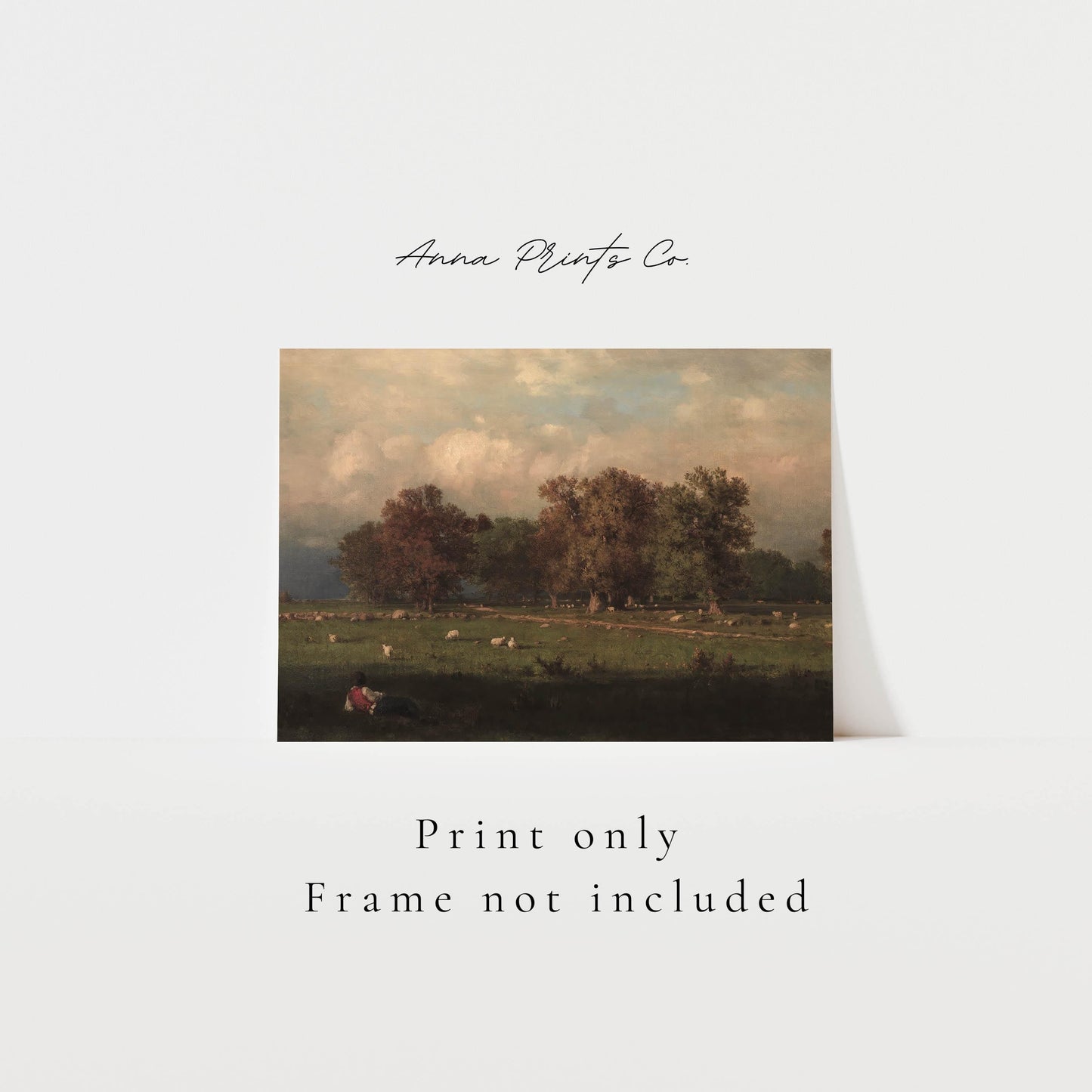 Vintage art print of Moody Fall Landscape Painting with text overlay stating frame not included