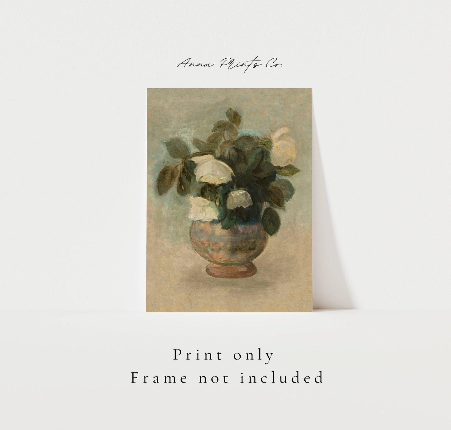 Vintage art print of White Roses Neutral Still Life with text overlay stating frame not included