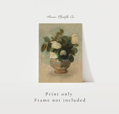 Vintage art print of White Roses Neutral Still Life with text overlay stating frame not included