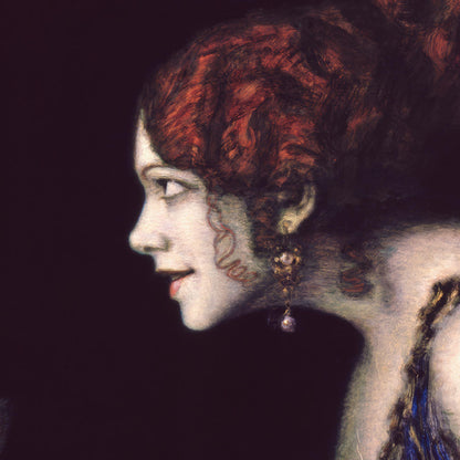 Artistic depiction of a woman's profile with red hair and earrings against a dark background
