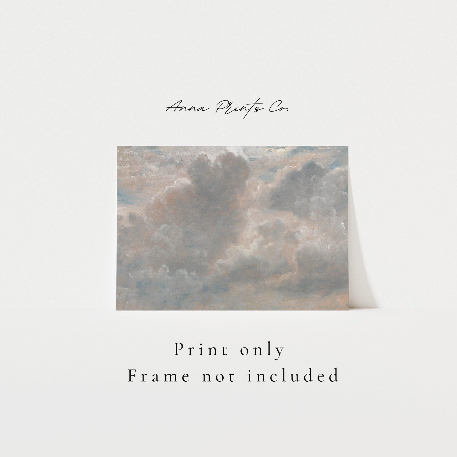 Vintage art print of Cloud Study #5 by Constable with text overlay stating frame not included
