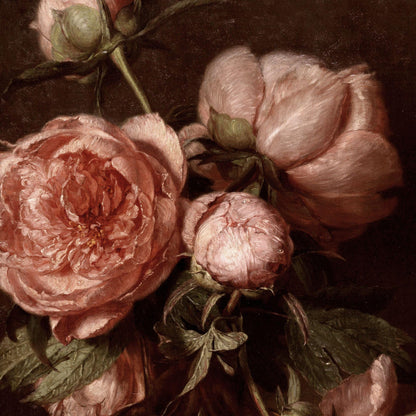 Close-up of pink roses with green leaves on a dark background