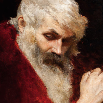 Close-up of a person with a long beard and red garment, possibly from a classical painting.