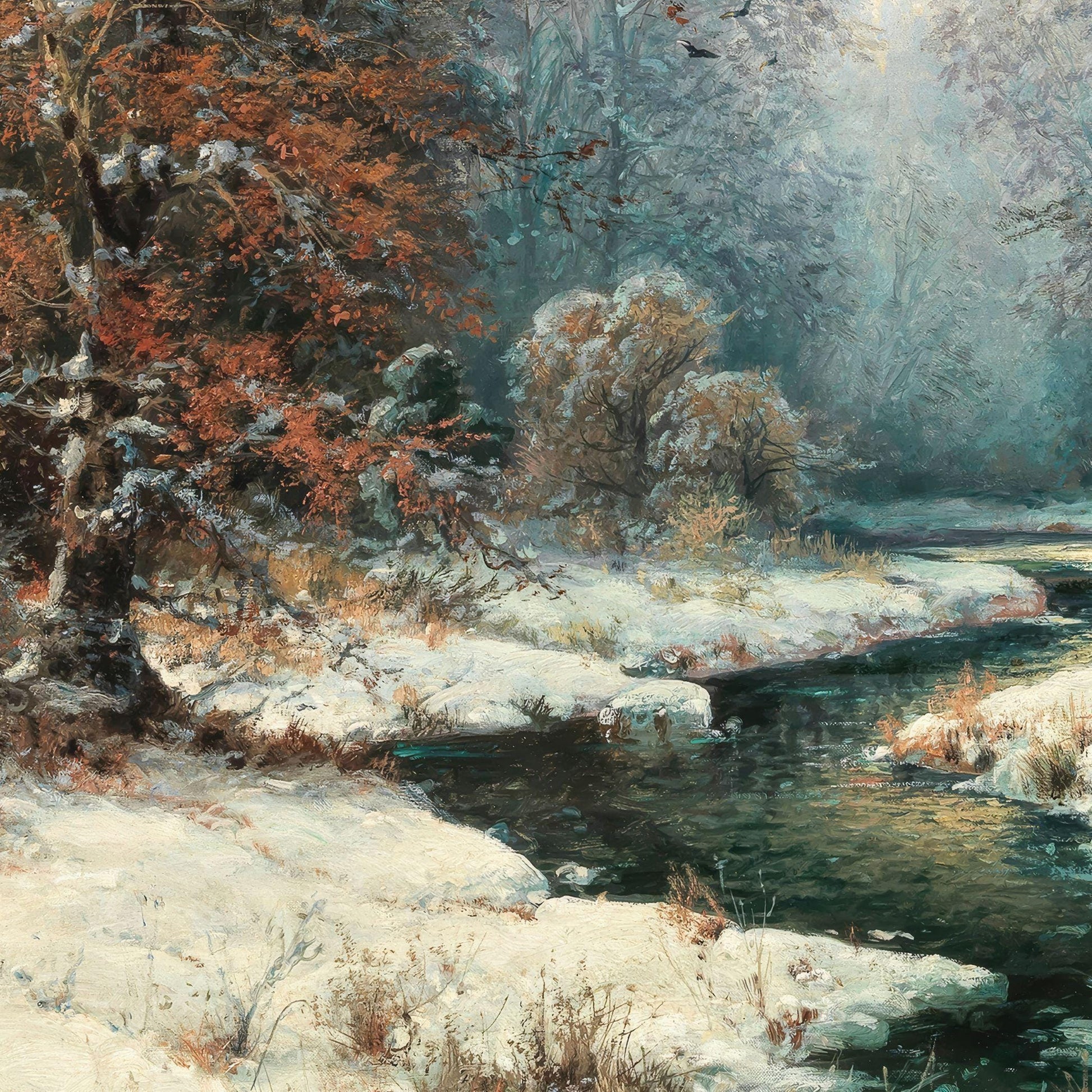 Winter landscape with a stream and snow-covered trees