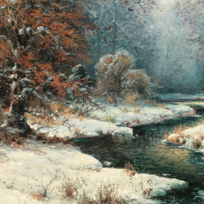 Winter landscape with a stream and snow-covered trees