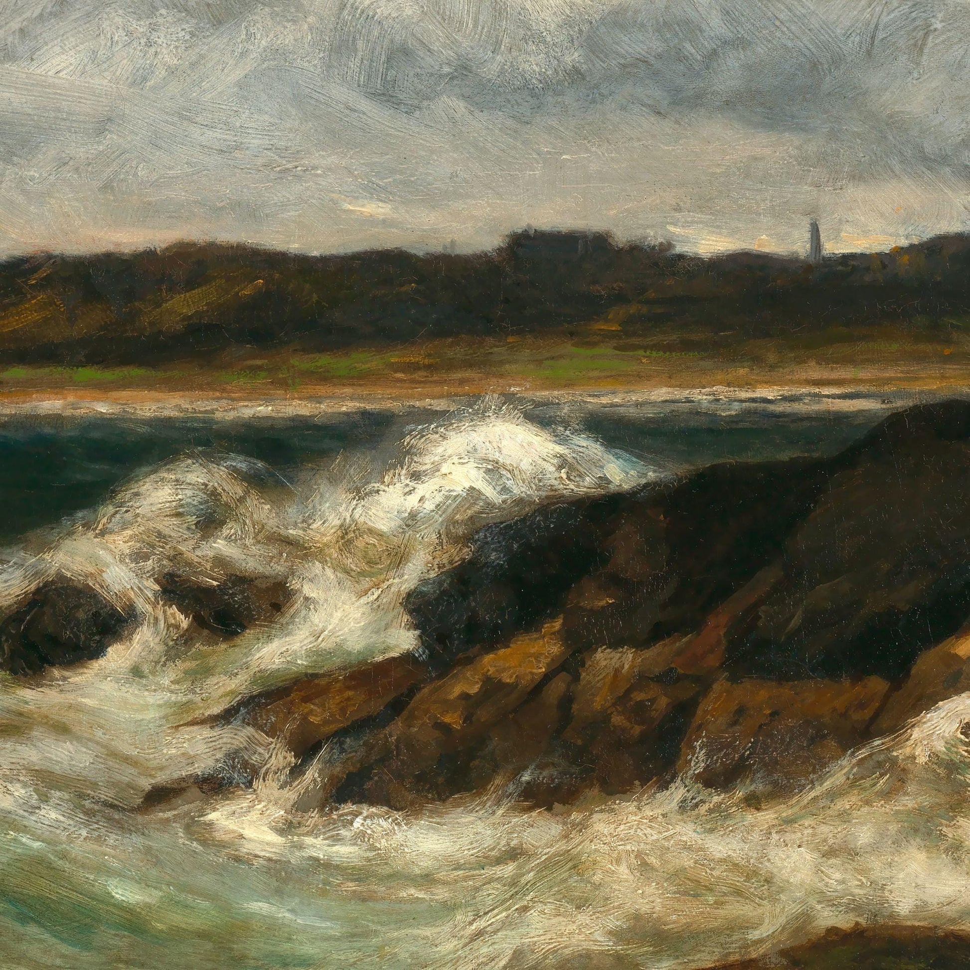 Artistic depiction of a coastal scene with waves and rocks.