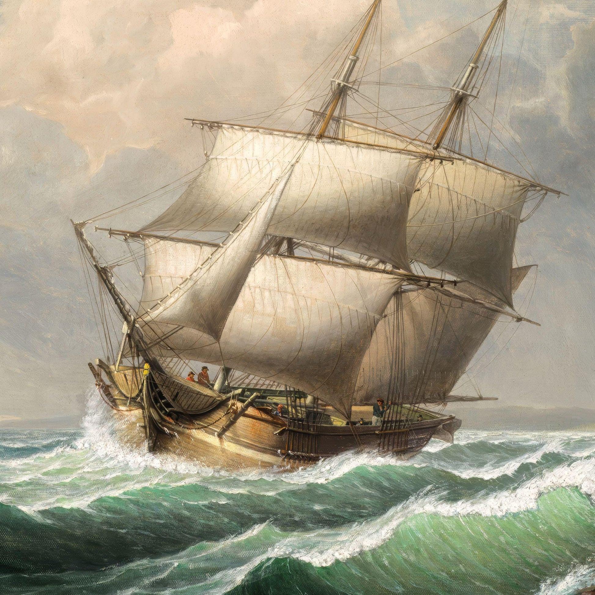Painting of a large sailing ship on choppy waters