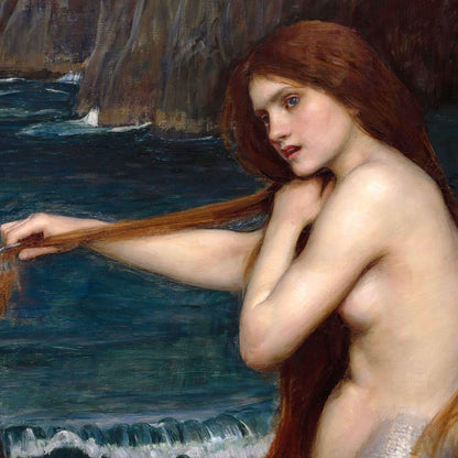Nude woman with long hair by a body of water, possibly a painting.