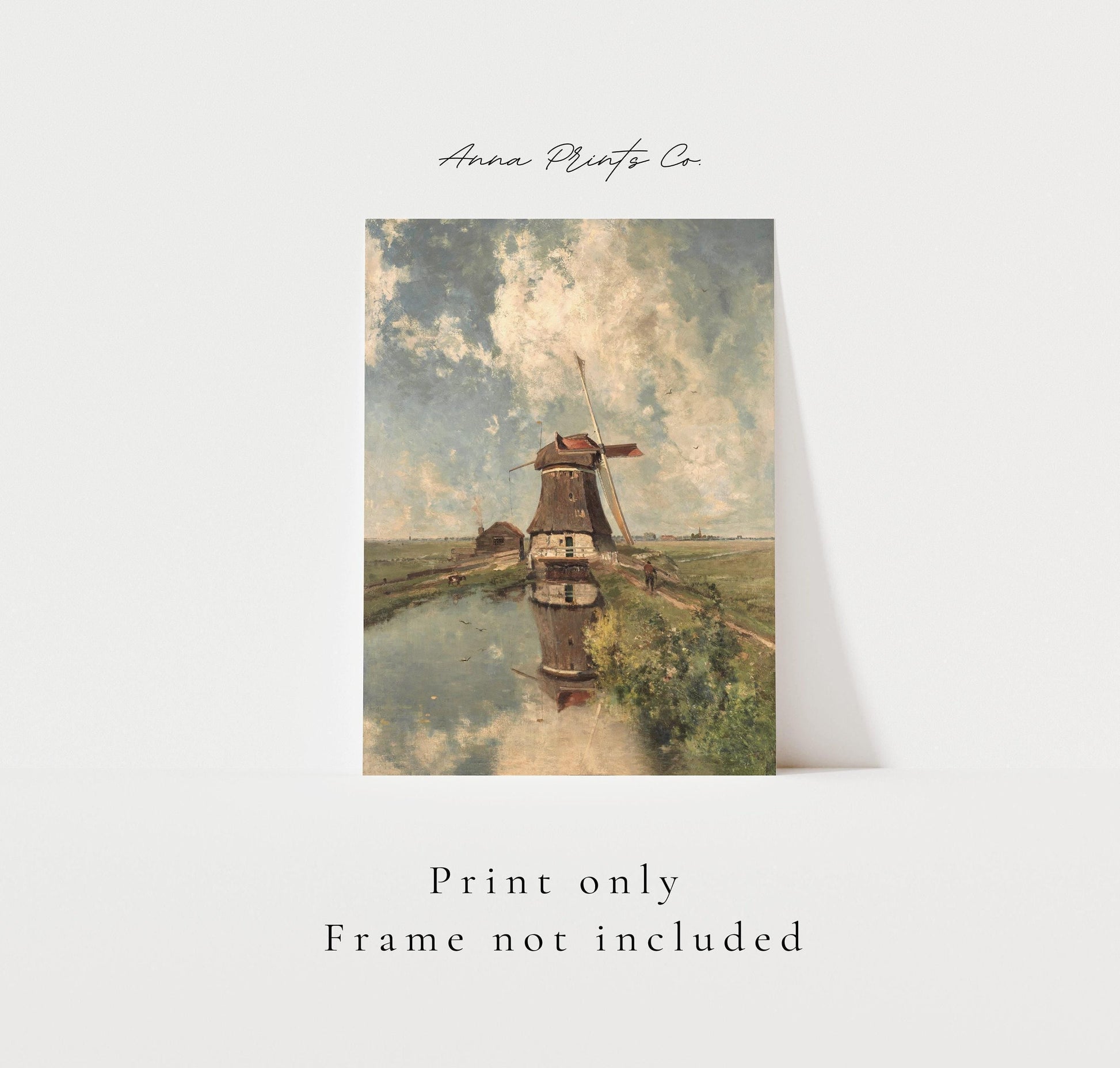 Vintage art print of Windmill Landscape Painting with text overlay stating frame not included