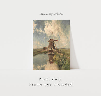 Vintage art print of Windmill Landscape Painting with text overlay stating frame not included