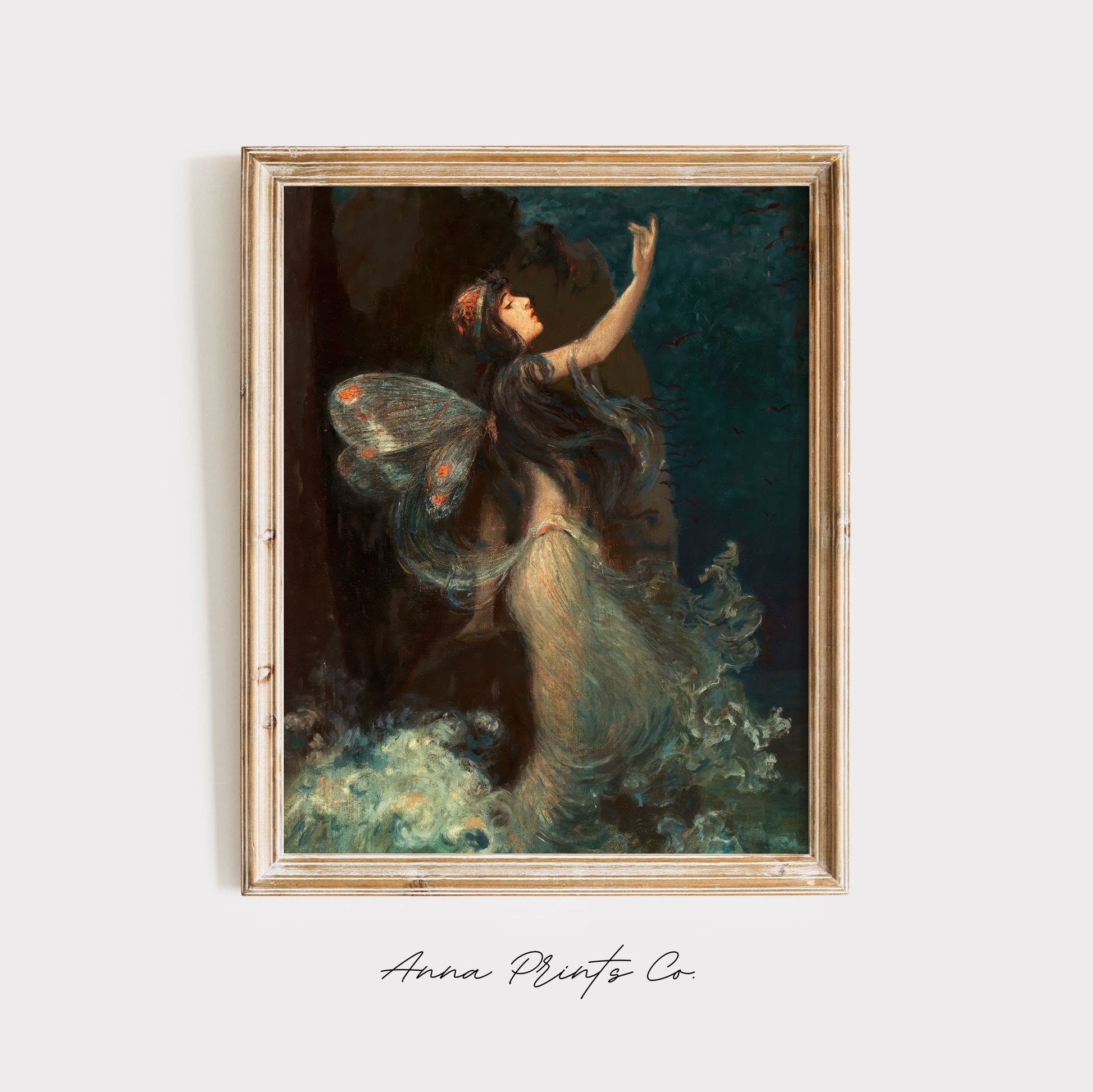 Vintage art print of Water Nymph Mythology Painting displayed in wooden frame