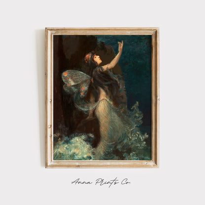 Vintage art print of Water Nymph Mythology Painting displayed in wooden frame