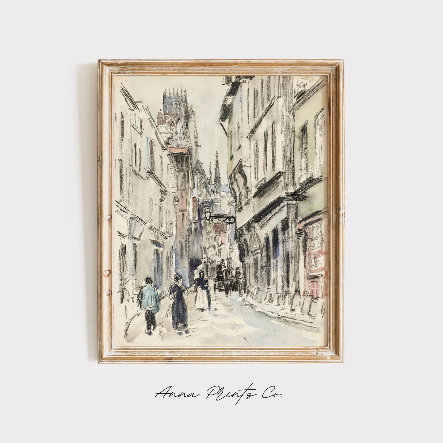 Vintage art print of Rue Damiette, Rouen by Pissarro displayed in wooden frame