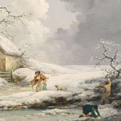 Winter scene with people by a frozen stream, snow-covered trees, and a cloudy sky.
