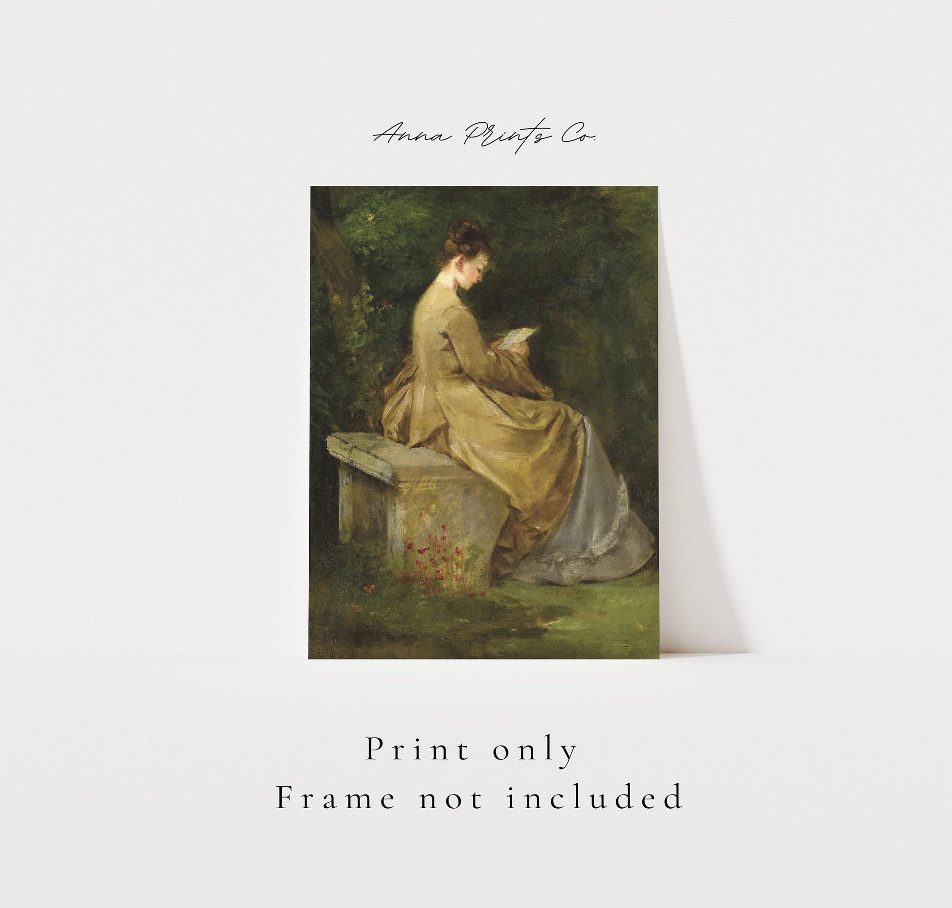 Vintage art print of Lady Reading Portrait Painting with text overlay stating frame not included