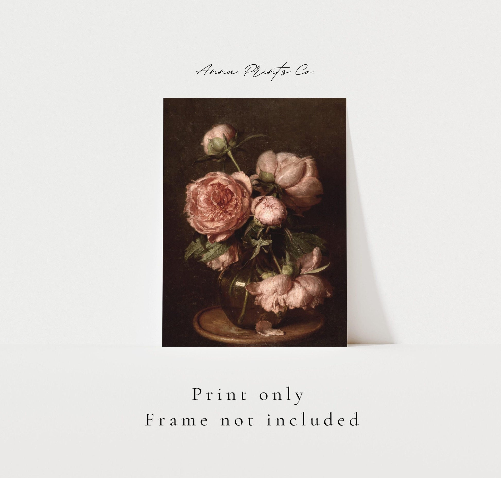 Vintage art print of Peonies Moody Floral Painting with text overlay stating frame not included