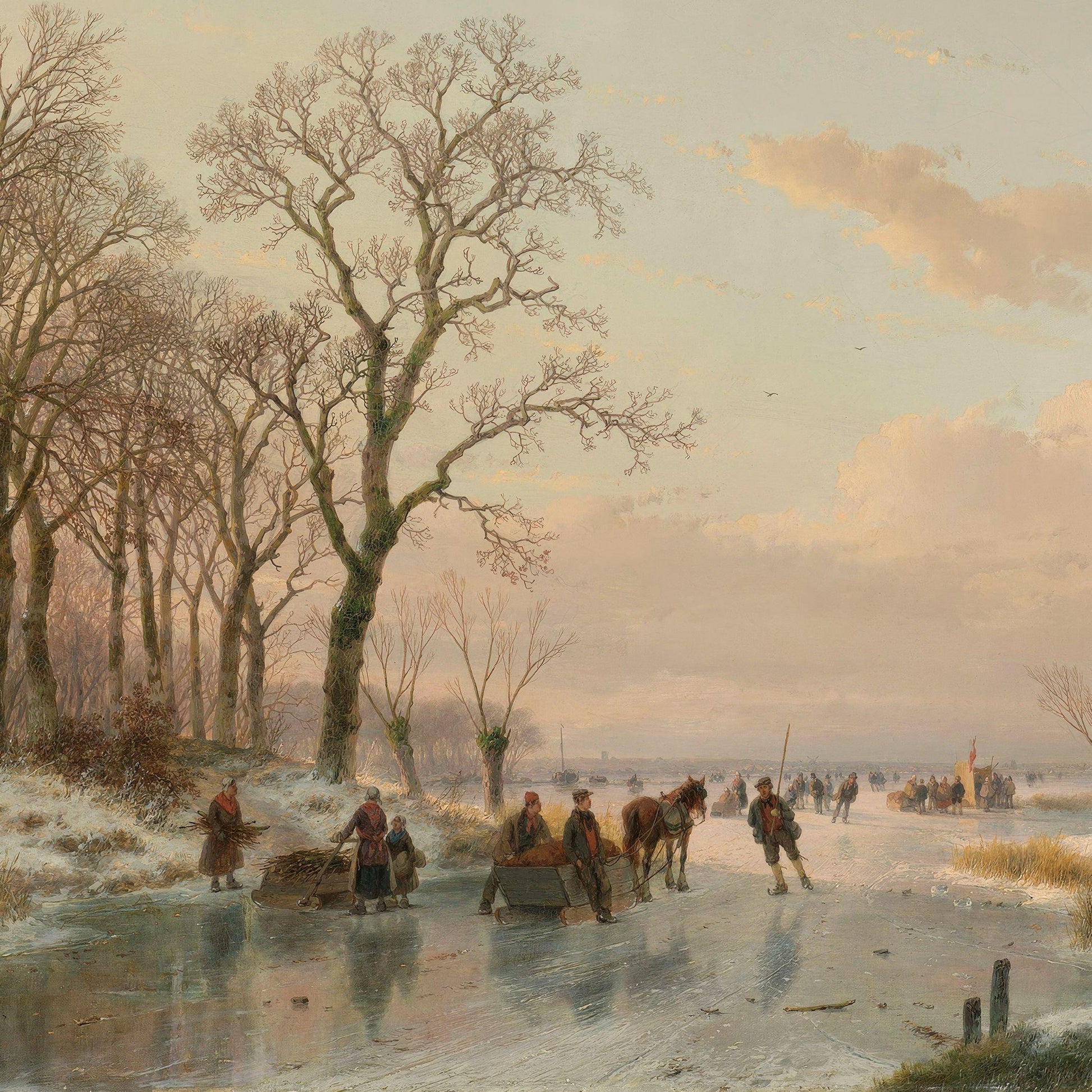 Winter scene with people skating on a frozen lake, trees, and a horse-drawn cart.