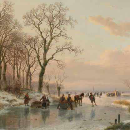 Winter scene with people skating on a frozen lake, trees, and a horse-drawn cart.