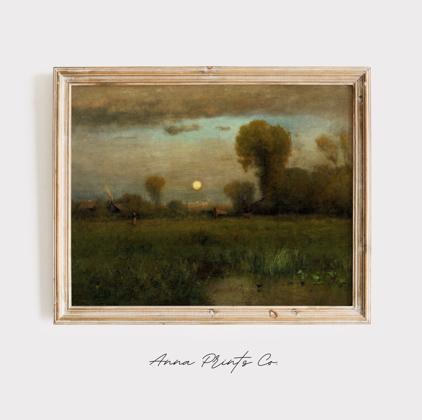 Vintage art print of Harvest Moon Moody Landscape displayed in wooden frame