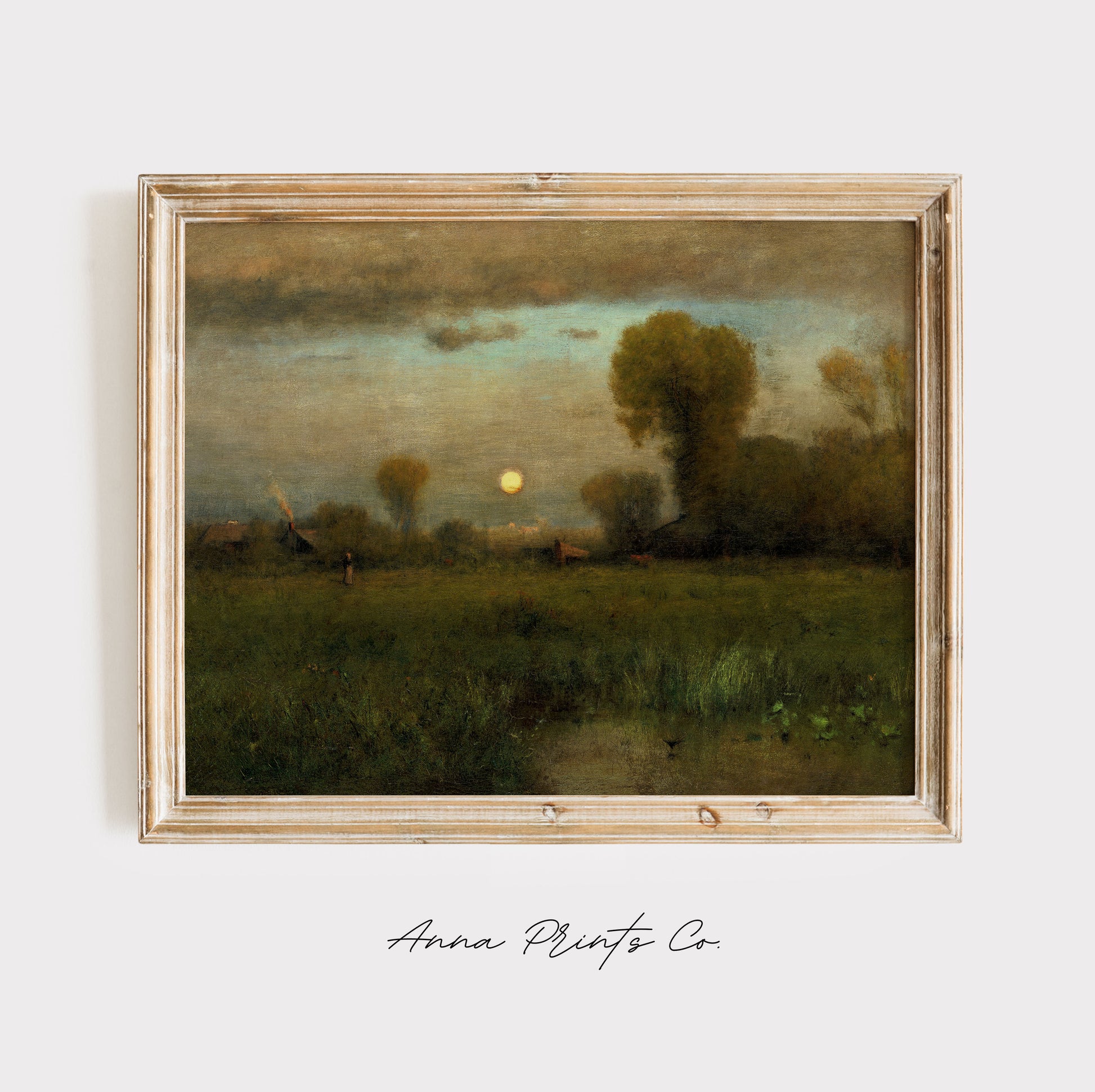 Vintage art print of Harvest Moon Moody Landscape displayed in wooden frame