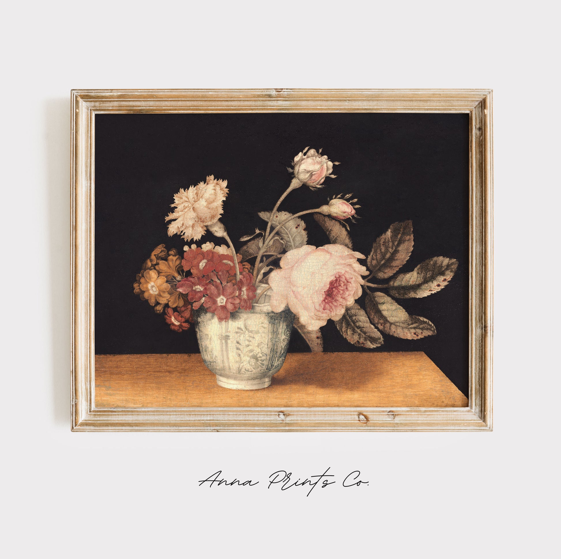 Vintage art print of Flowers in a Delft Jar Moody Floral displayed in wooden frame