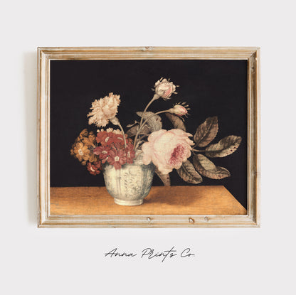 Vintage art print of Flowers in a Delft Jar Moody Floral displayed in wooden frame