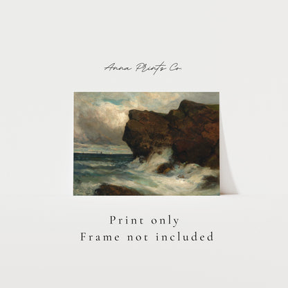 Vintage art print of Ocean Cliffs Moody Seascape with text overlay stating frame not included