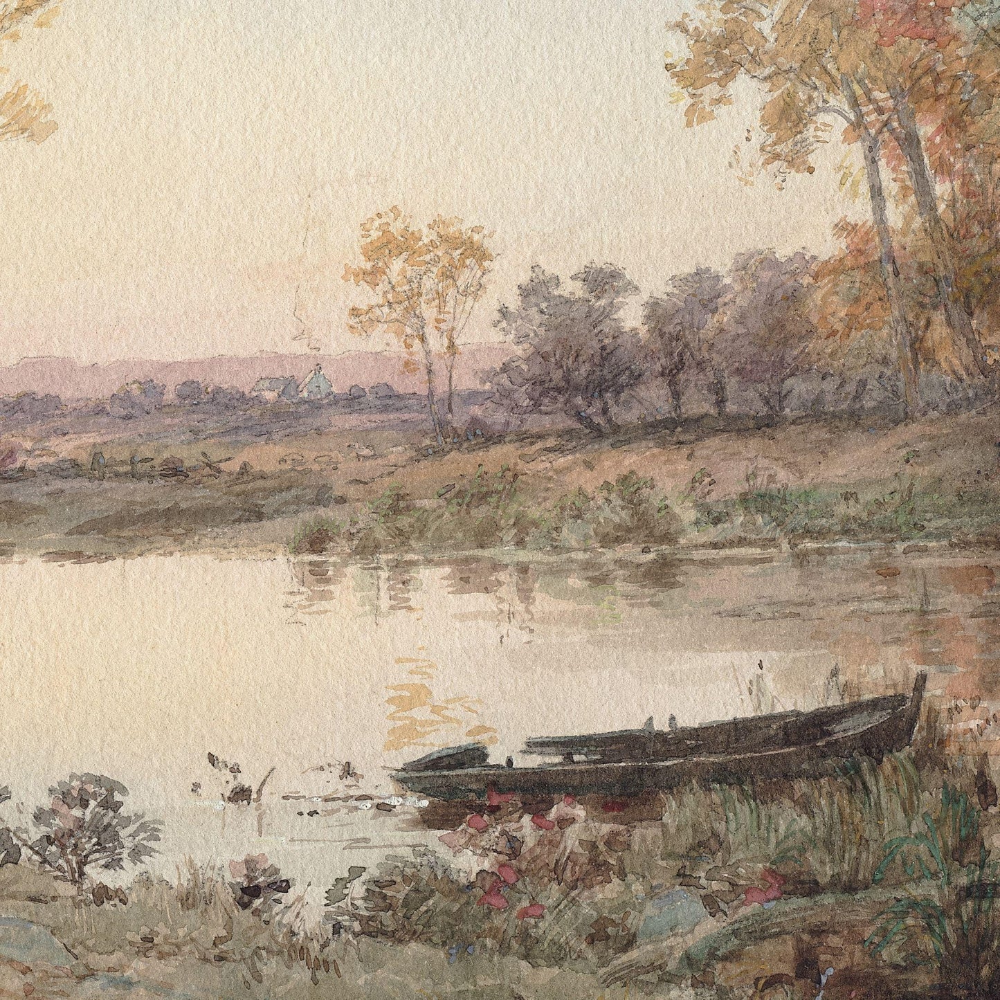 Painting of a serene lakeside scene with boats and trees.
