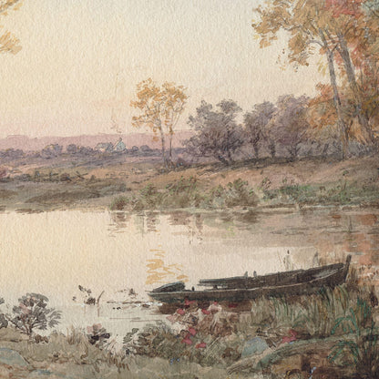 Painting of a serene lakeside scene with boats and trees.