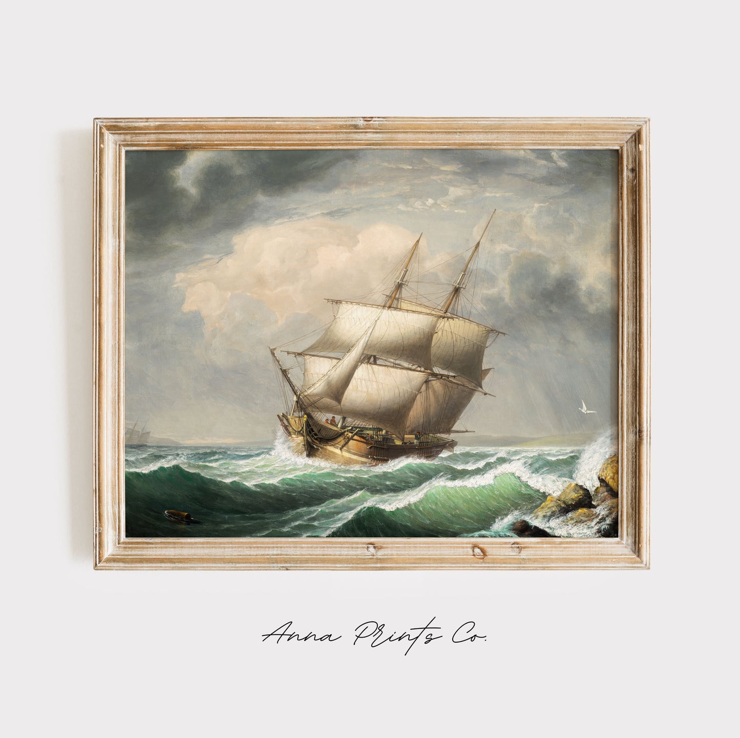Vintage art print of Brig off the Maine Coast Ship Painting displayed in wooden frame
