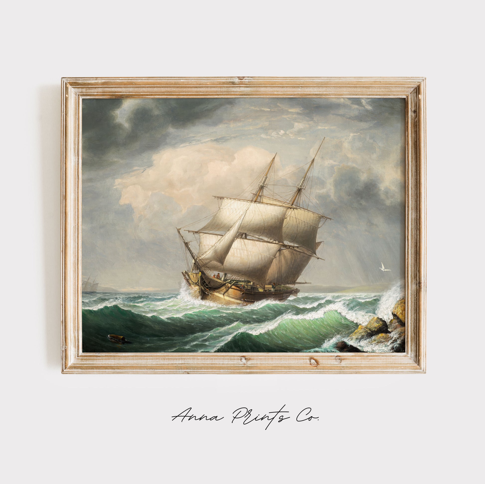 Vintage art print of Brig off the Maine Coast Ship Painting displayed in wooden frame