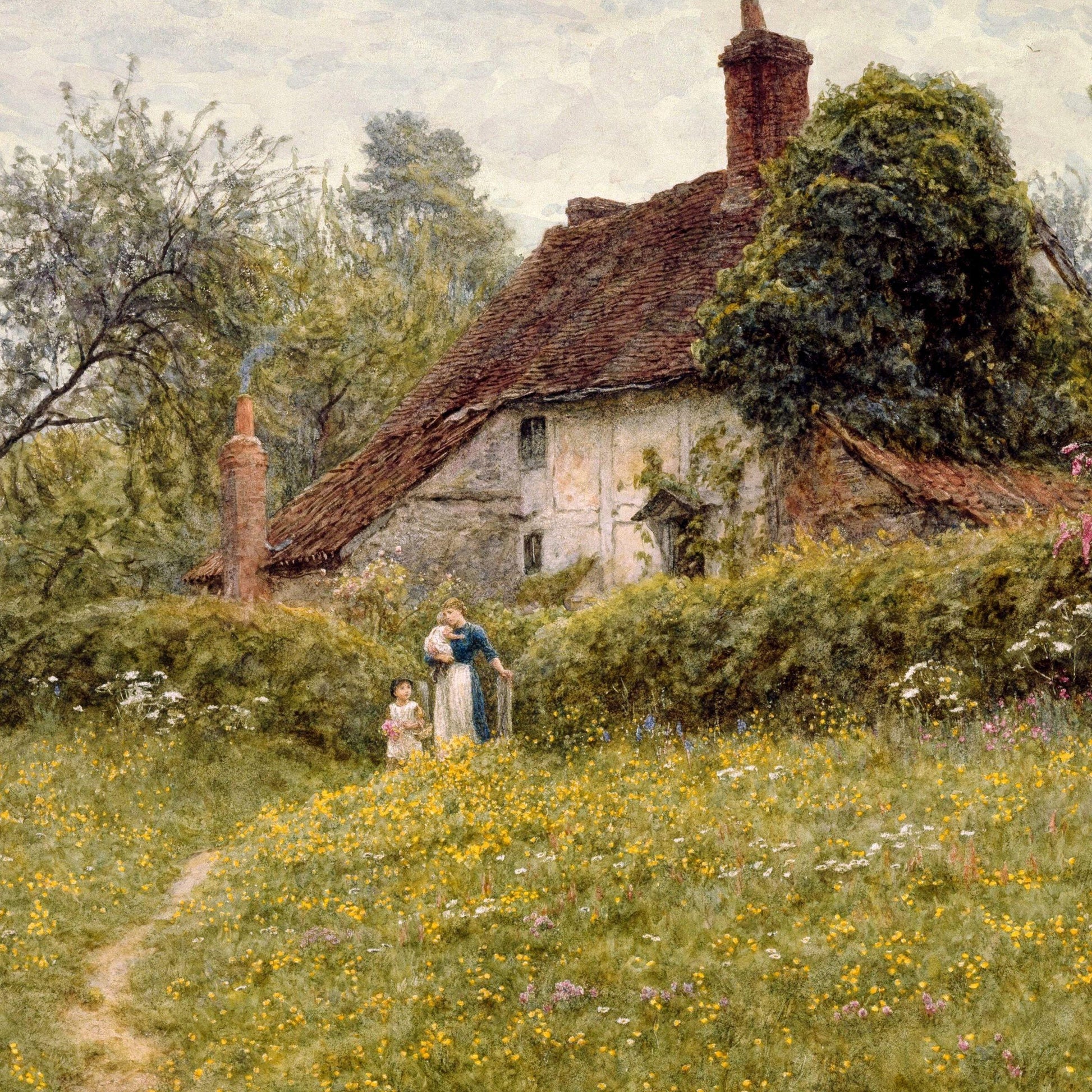 Painting of a rustic cottage with people in a garden