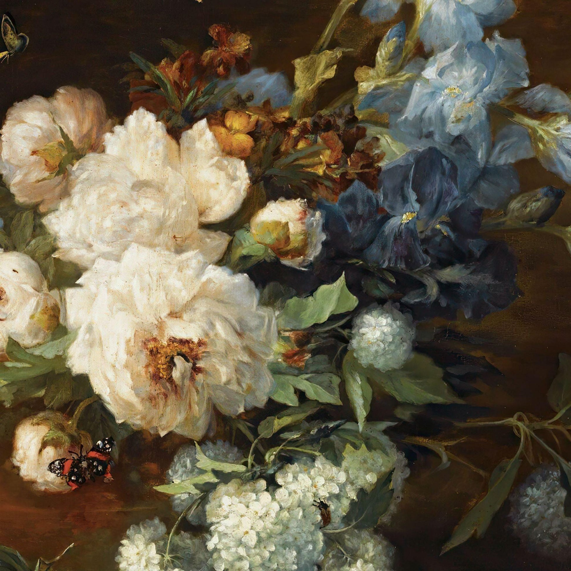 Close-up of a still life painting with flowers and berries