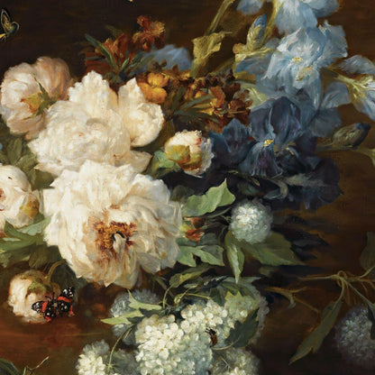 Close-up of a still life painting with flowers and berries