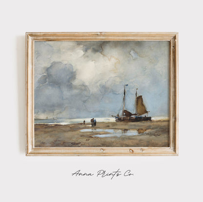 Vintage art print of Beach Sight Landscape Painting displayed in wooden frame