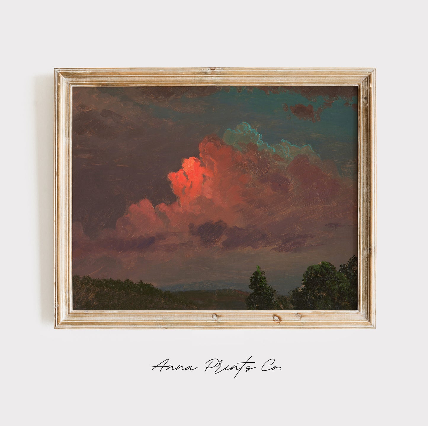 Vintage art print of Nightfall Moody Sunset Painting displayed in wooden frame