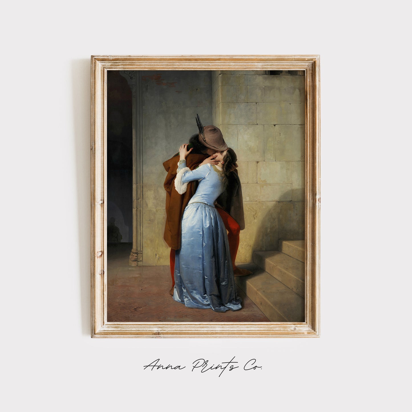 Art print of the Kiss by Hayez displayed in wooden frame

